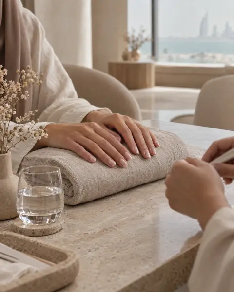 يدا عميلة مرتاحتان على منشفة في صالون تجميل